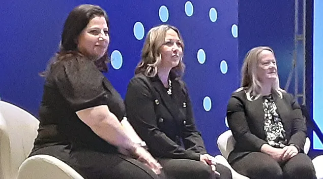 Left to right: Tina Cortez, Shelly Arthofer and Nerissa Amers discuss Stanford Health Care's inpatient telehealth efforts at HIMSS23 in Chicago on Tuesday.