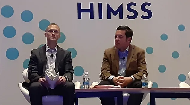 Lawyers Matthew Fisher, left, and Oliver Kim discuss the legal landscape in healthcare post-Dobbs at the HIMSS23 Global Conference in Chicago on Tuesday.